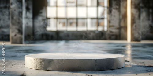Textured concrete podium with subtle lighting, against a blurred industrial loft background, suitable for contemporary decor items or minimalist products