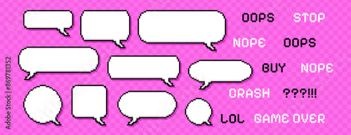 Set of pixel dialogue boxes different shapes on pink background. Chat speech bubbles, empty communication box or message frames with text. Pixelated dialog cloud icons collection in 8bit retro style.