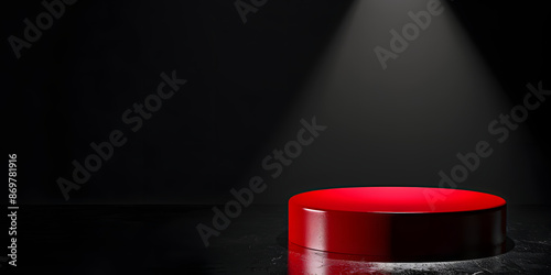 Glossy red podium with spotlight, set against a dramatic black background, perfect for bold fashion statements or high-impact product launches