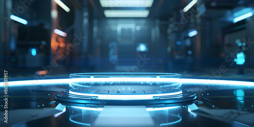 Futuristic glass podium with underlighting, set against a blurred high-tech laboratory background, ideal for innovative tech products or scientific equipment 