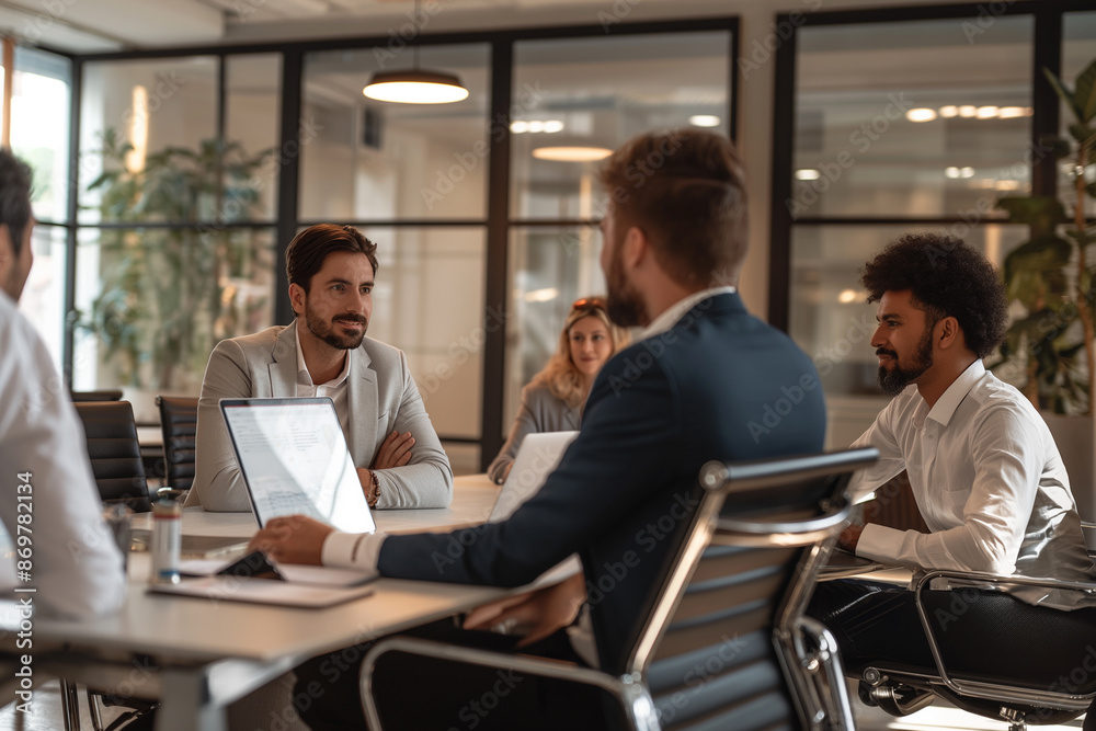 Back view of businessman having meeting with employees in conference room with laptop computer. Back view of businessman having meeting with employees in conference room with laptop computer.