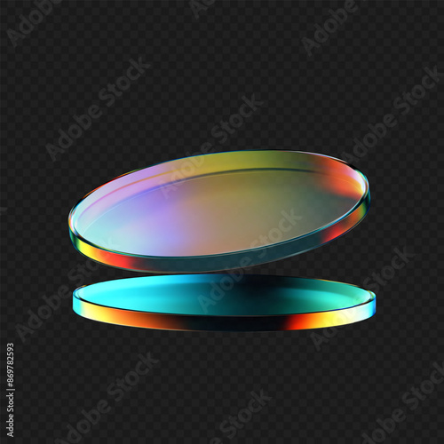 3d glass flying product podium with rainbow, holographic effect isolated on dark background. Render transparent glass cosmetic or award pedestal, disk stage with iridescent gradient. 3d vector figure