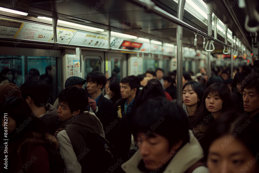 Fototapeta premium Crowds of Asian people crowd the morning commute to work on the train.
