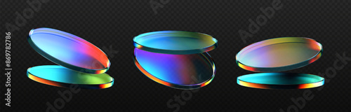 3d glass flying product podium with rainbow, holographic effect isolated on dark background. Render transparent glass cosmetic or award pedestal, disk stage with iridescent gradient. 3d vector figure