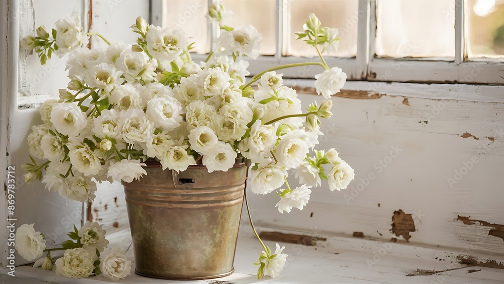 Fototapeta premium Spring flowers in white bucket on background old white wall