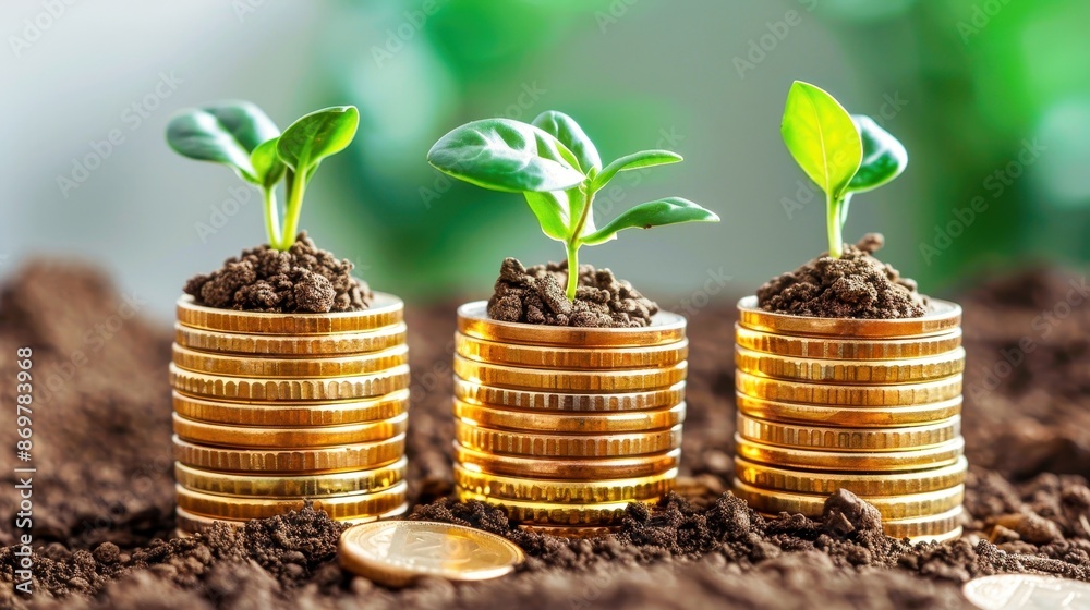 Three stacks of gold coins with green plants sprouting, symbolizing financial growth and investment success. Three stacks of gold coins with green plants sprouting, symbolizing financial growth and investment success.