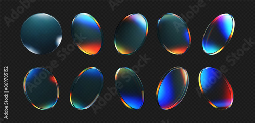3d crystal glass plate set with rainbow, holographic effect isolated on dark background. Render transparent glass disk, product podium or mirror with iridescent gradient texture. 3d vector figure