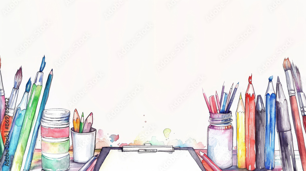 Fototapeta premium watercolor background with copy space. backdrop with brushes, paints and pencils for drawing. Background for artists