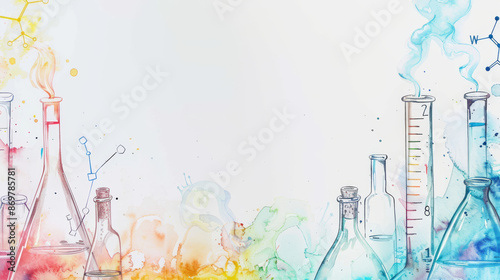 watercolor background with copy space. backdrop with test tubes and flasks with colorful liquids. Background for chemists and school children.