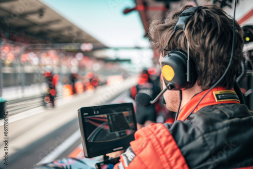 Formula 1 team driver observing and monitoring the race with his headset and screen