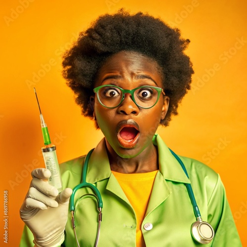 A African nurse wearing an apron and stethoscope and glasses. hold on injection. face reaction wow on a solid background.