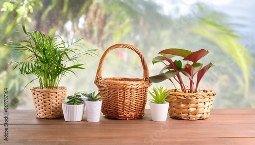 houseplants and wicker baskets of different sizes on wooden table