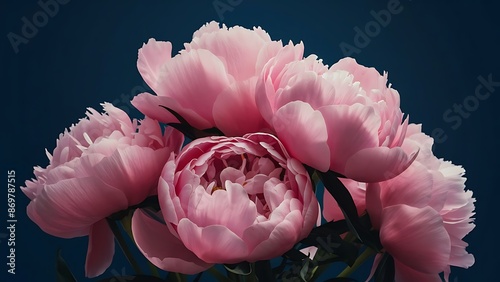 Fresh pink peony flowers border on dark blue background