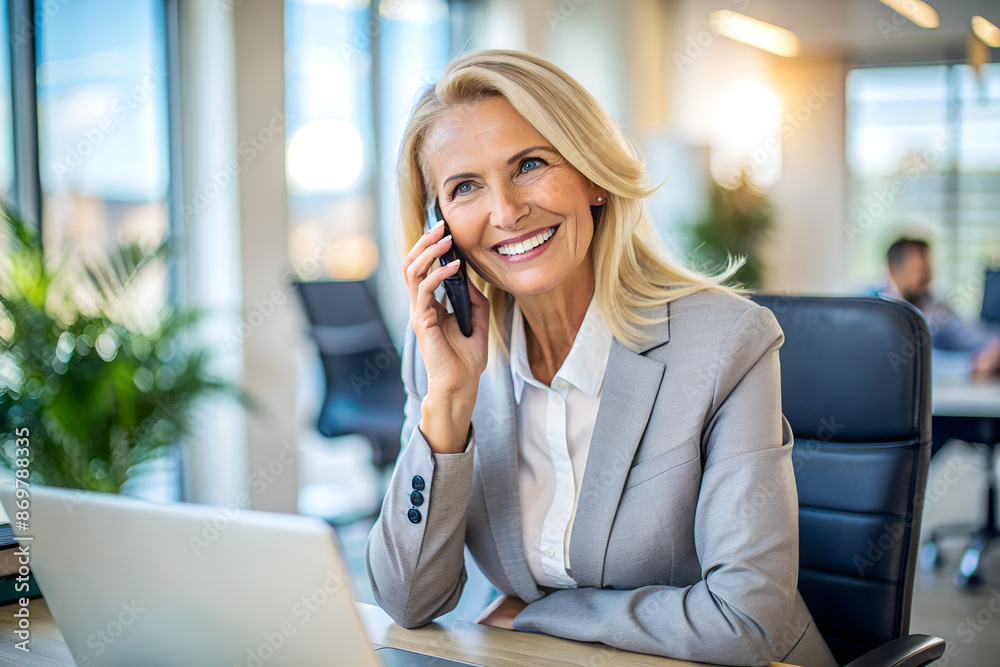 Happy, mature businesswoman talking on the phone at her desk in the office.
Happy, mature businesswoman talking on the phone at her desk in the office.