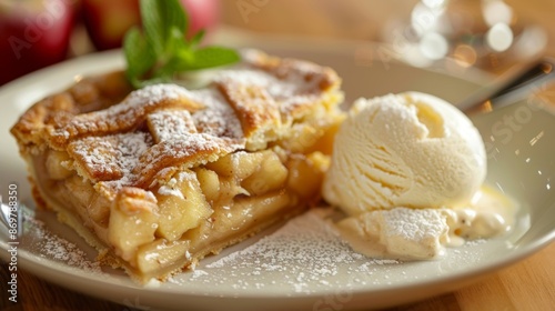 Warm freshly baked apple pie is served with a generous scoop of creamy vanilla ice cream using apples grown in the lodges orchard. photo