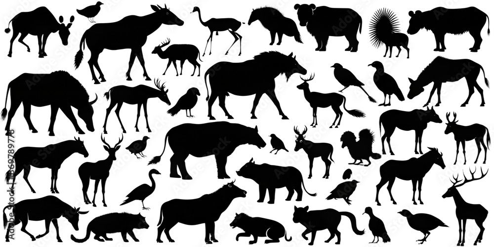 Vector set of black silhouettes, forest animals illustration, brushes PNG transparent background