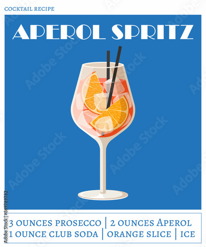 Aperol spritz cocktail on the blue background. Vector illustration of trendy alcohol drink. Summer cocktail poster