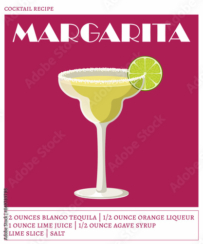 Margarita cocktail on the maroon background. Vector illustration of summer alcohol drink. Alcohol cocktail recipe poster