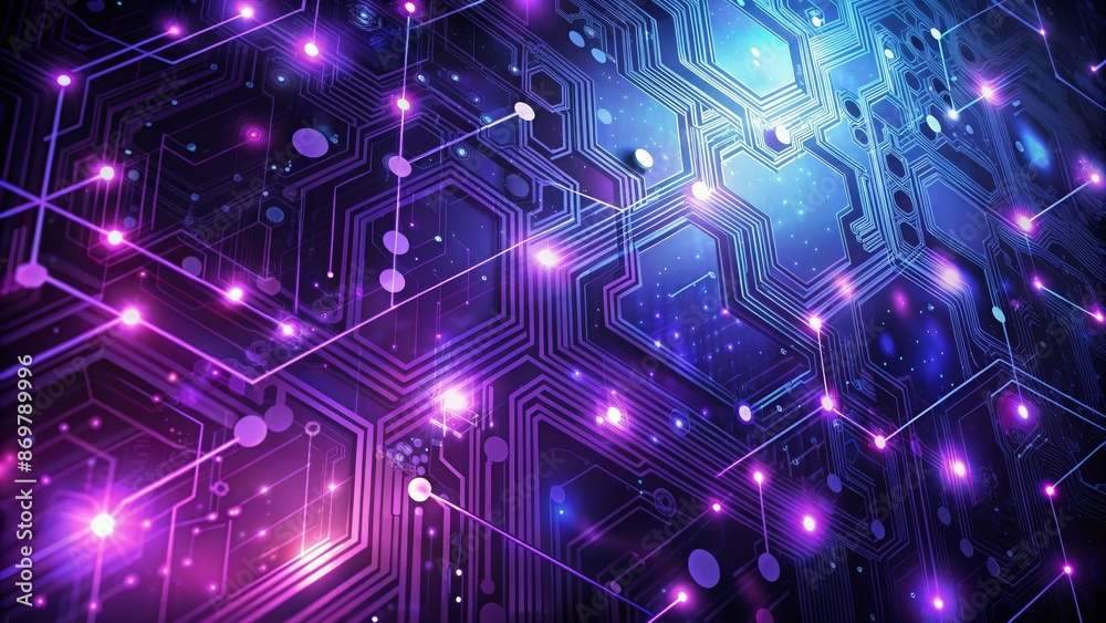 Abstract Digital Circuit Board with Glowing Lines and Purple Lights