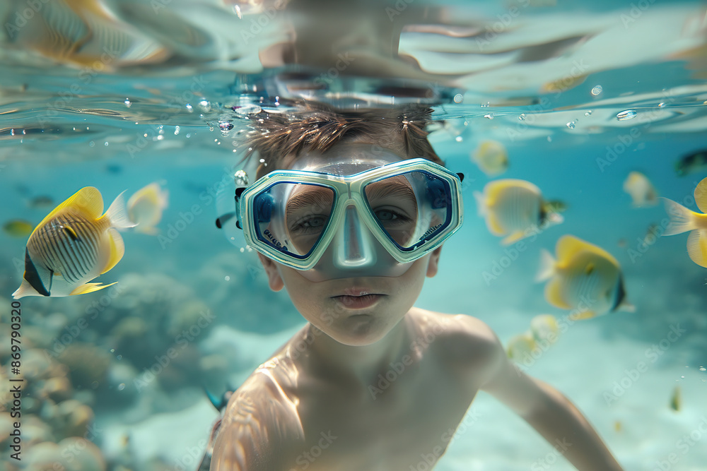 Underwater photo of young child boy swimming near corals and reefs Underwater photo of young child boy swimming near corals and reefs