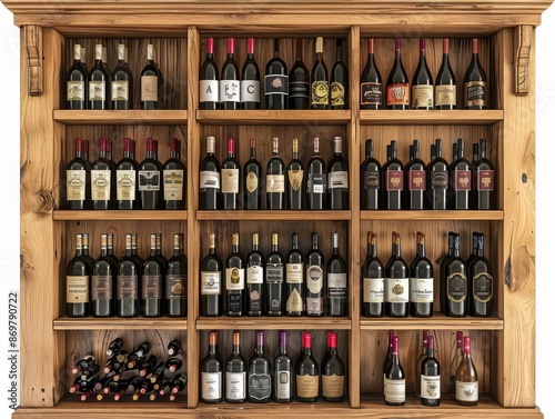 An image of a wooden wine rack filled with a variety of red and white wine bottles, white background © Suphakorn