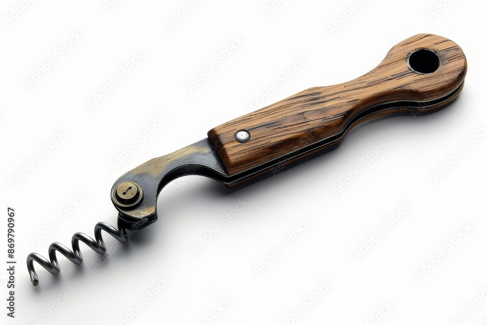 The corkscrew is made of metal and wood, white background The corkscrew is made of metal and wood, white background