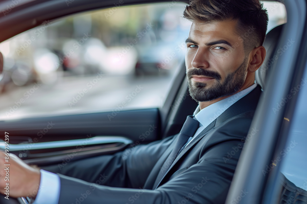 Businessman in expensive suit sitting in new luxury car Businessman in expensive suit sitting in new luxury car