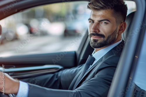 Businessman in expensive suit sitting in new luxury car