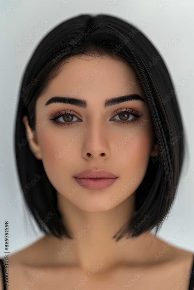 A woman with black hair and brown eyes. A woman with black hair and brown eyes.