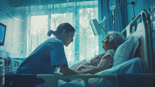 A nurse tending to a patient in a hospital room, depicting healthcare and medical care professionalism. AIG62 photo