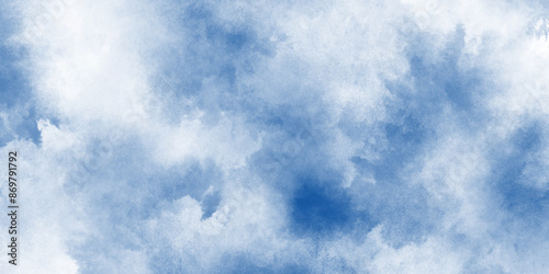 Brush paint blue paper textured canvas element with clouds, blue sky with clouds background, abstract watercolor background illustration, painted white clouds with pastel blue sky.