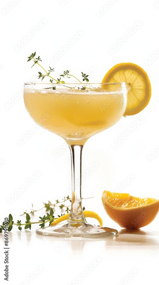 A close-up of a cocktail with thyme and lemon garnish A close-up of a cocktail with thyme and lemon garnish