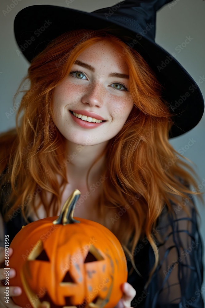 A woman with red hair holding a pumpkin.