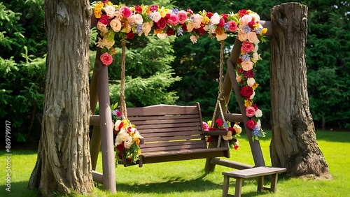 The wooden swing decorated with artificial flowers