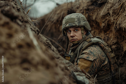 Military soldier in trench line