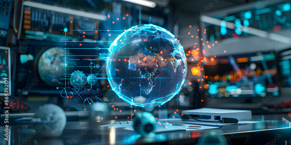 A 3D hologram of a globe in a medical command center, tracking the spread of a pandemic and coordinating international healthcare responses design A 3D hologram of a globe in a medical command center, tracking the spread of a pandemic and coordinating international healthcare responses design