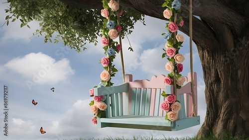 The wooden swing decorated with artificial flowers