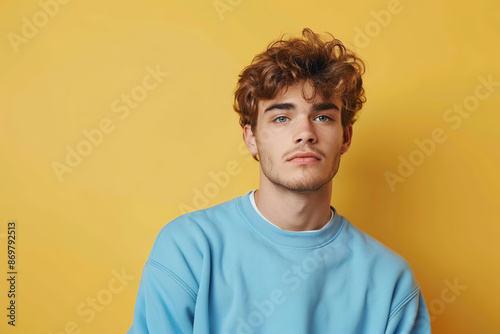Young attractive man in sweatshirt on yellow background © Alina