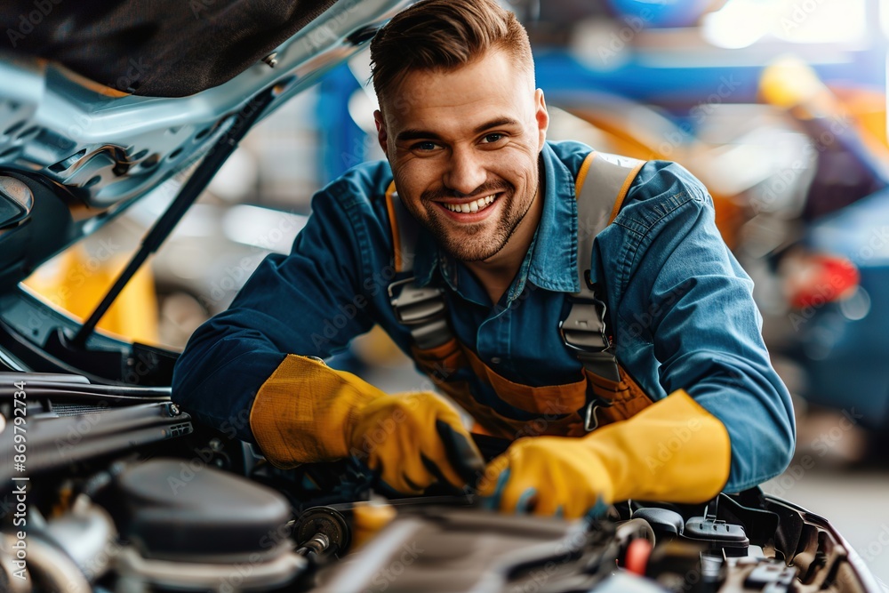 Auto mechanic wearing in uniform and working in repair service,