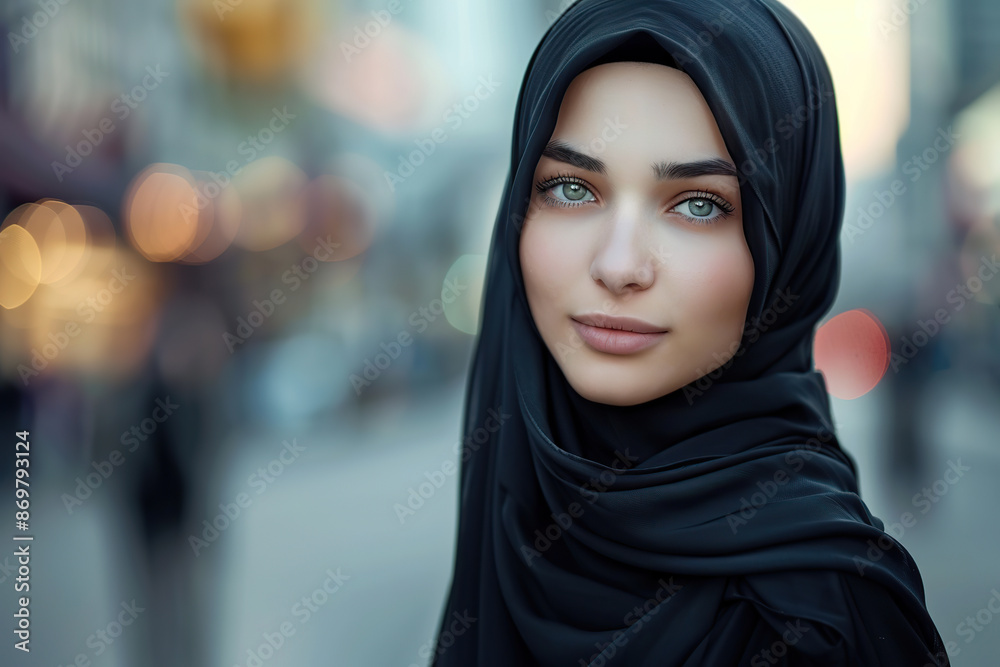 Portrait of young arabian girl in hijab on blurred city background. Muslim woman Portrait of young arabian girl in hijab on blurred city background. Muslim woman