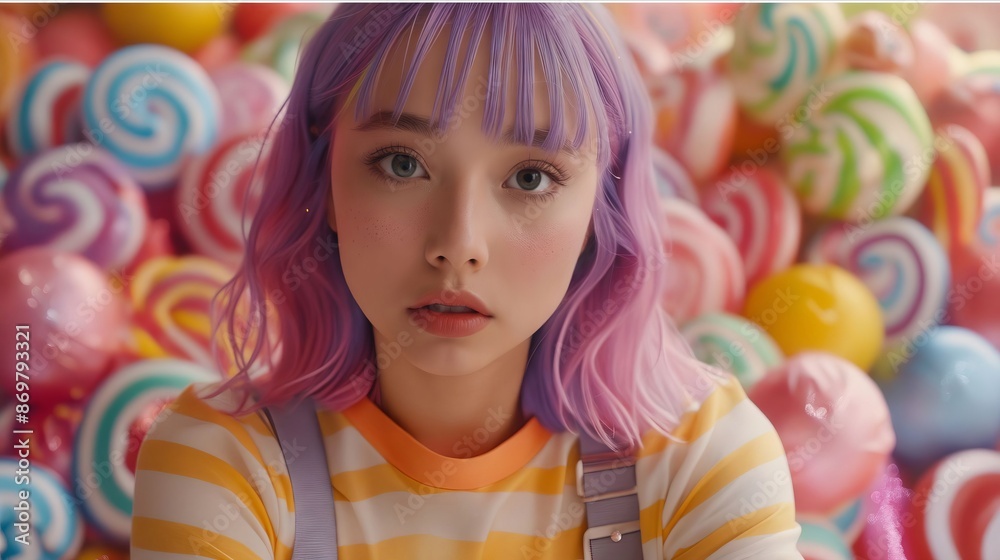 A girl with purple hair and pink hair is standing in front of a lot of lollipops. A girl with purple hair and pink hair is standing in front of a lot of lollipops.