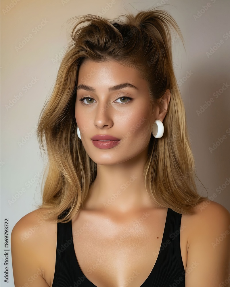A beautiful woman wearing black top and white earrings. A beautiful woman wearing black top and white earrings.