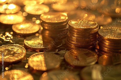 Coins stacks and coin on golden background business and finance concept idea.