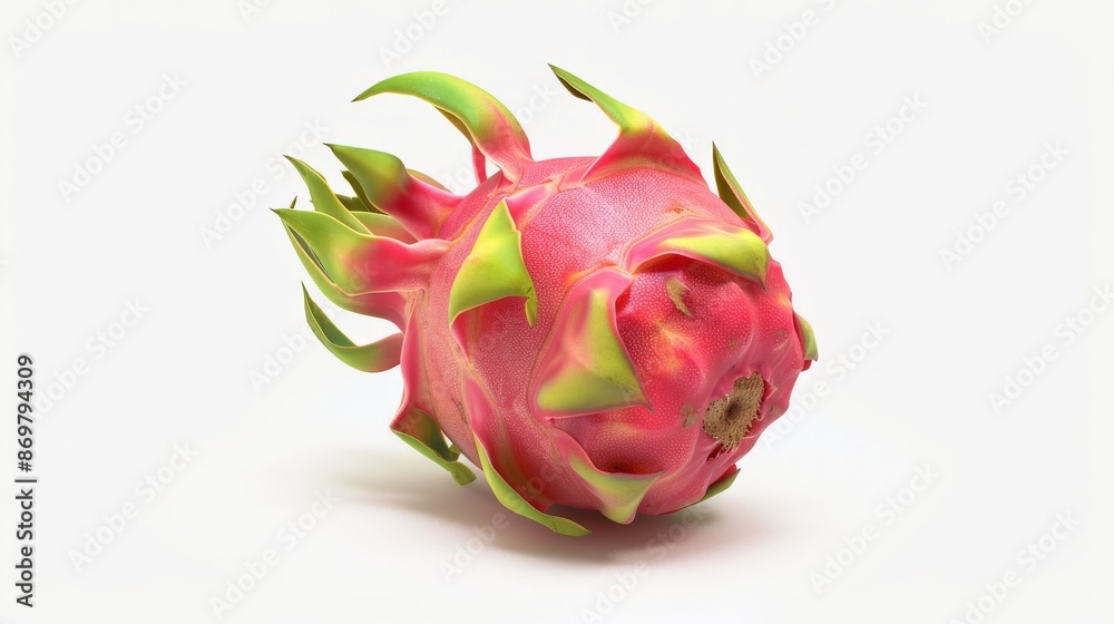 A vibrant red dragon fruit with green scales rests on a white background A vibrant red dragon fruit with green scales rests on a white background