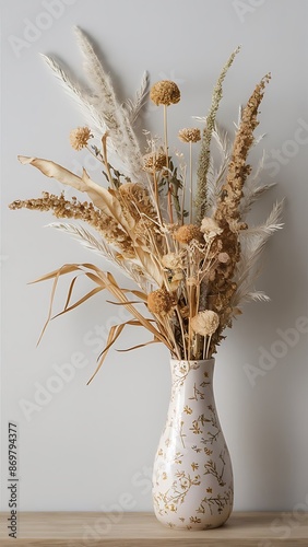 Dried flowers in vase against light gray background
