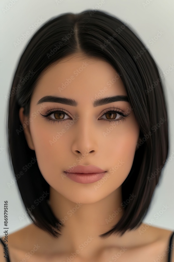 A woman with black hair and brown eyes. A woman with black hair and brown eyes.