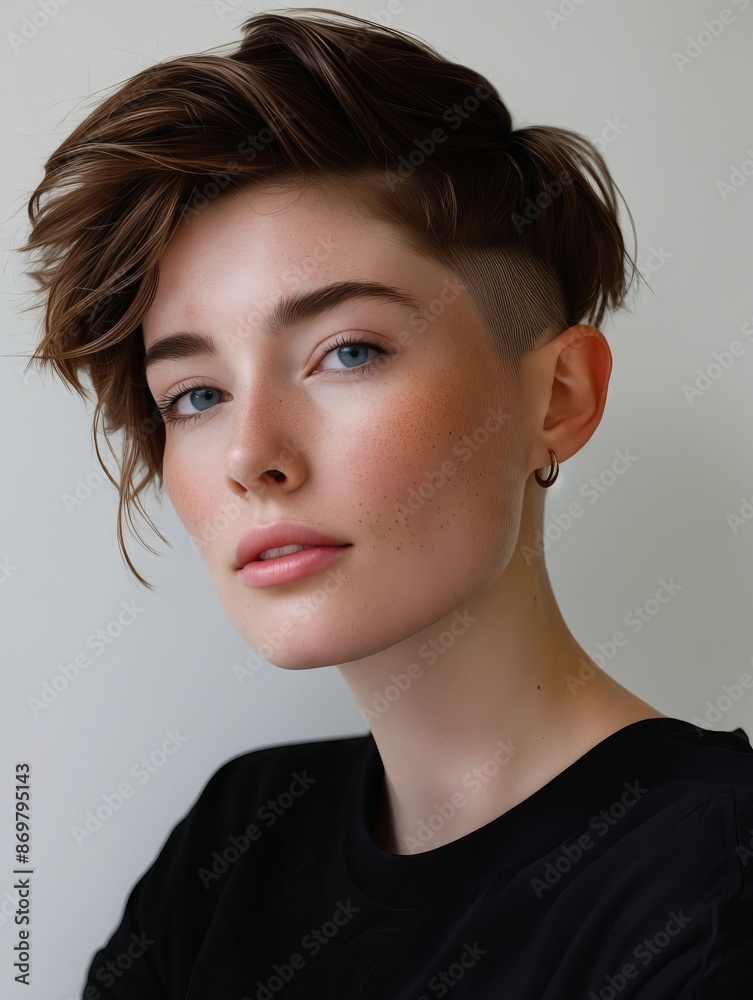 A young woman with short hair and blue eyes. A young woman with short hair and blue eyes.