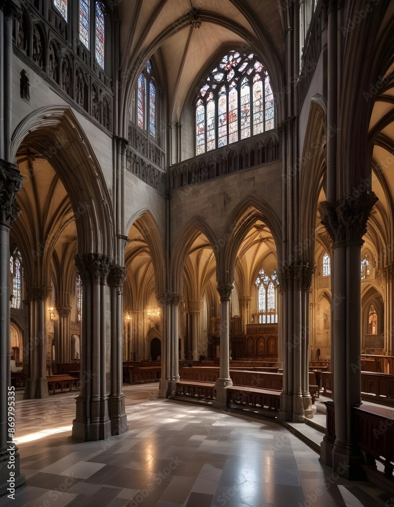 Obraz premium Within the hallowed halls of a Gothic cathedral the architecture whispers tales of centuries past, its soaring arches and intricate stone carvings bearing witness to the passage of time