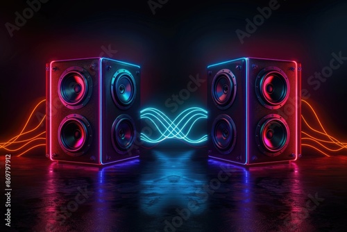 Two sound speakers in neon light with sound wave between them on black. photo