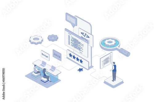 App development isometric concept in outline isometry design for web. People making mobile phone layouts, programming application interface with scripts, coding app and software. Vector illustration.